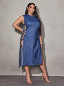 SHEIN SXY Vestido de verano de unicolor sin mangas para mujer talla grande con pequeño cuello alto, efecto vaquero y amarre lateral