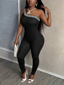 Slaydiva Geometric Pattern Printed One-Shoulder Bodycon Jumpsuit For Daily Casual Wear, Summer - Black - View 4