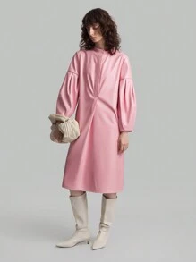 Ontre Women Long Sleeve Stand Collar Dress, Pink, Autumn - Pink - View 1