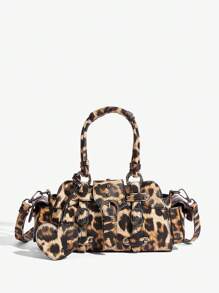 SHEIN X Lucía Bellido SHEIN ICON Women's Fashion New Sweet & Cool Y2K Heart Decor Vintage Motorcycle Tote Bag, Suitable For Girls, Street, Y2k, Retro Style, Top Handle, Shoulder Bag, Leopard Print, Animal Print, Heart, Biker Style, Bag For School, Teenagers