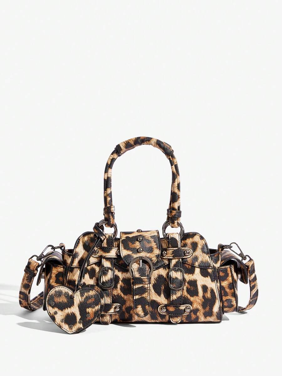SHEIN X Lucía Bellido SHEIN ICON Women's Fashion New Sweet & Cool Y2K Heart Decor Vintage Motorcycle Tote Bag, Suitable For Girls, Street, Y2k, Retro Style, Top Handle, Shoulder Bag, Leopard Print, Animal Print, Heart, Biker Style, Bag For School, Teenagers