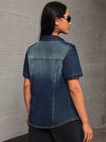SHEIN ICON Flap Pocket Button Front Denim Jacket - Blue - View 6