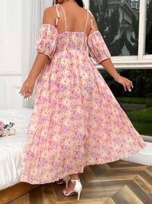 Sunnyshic Plus Size Women's Random Printed Romantic Pleated Long Dress
