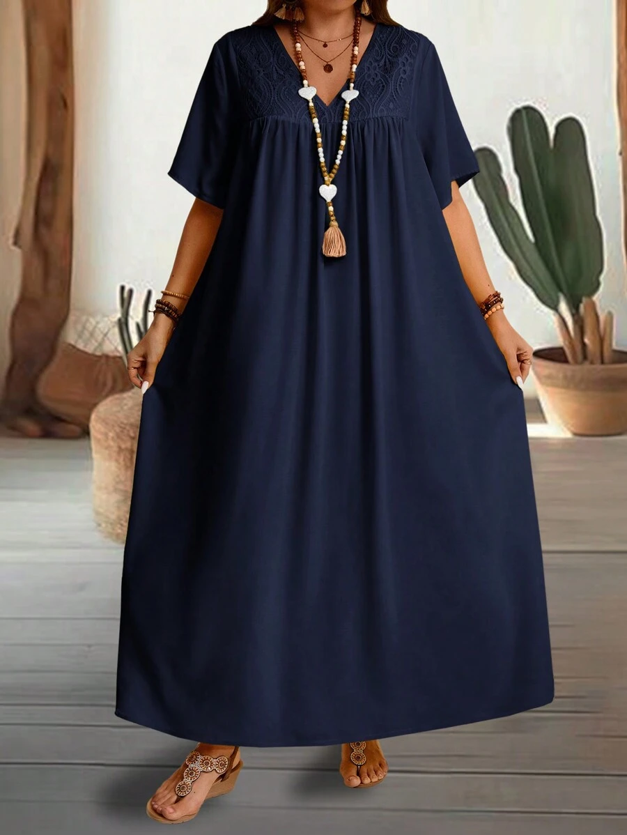 EMERY ROSE 大碼女性夏日假期純色V領短袖寬鬆長款嬰娃裙 - 藏蓝色 - 查看 1