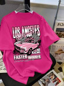 Teen Girl Casual Racing Car Graphic Print Short Sleeve Round Neck T-Shirt, Suitable For Summer Holiday - Hot Pink - View 3