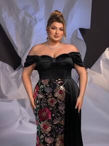 Glamrae Vestido elegante de noche de fiesta, boda o graduación con hombros descubiertos, drapeado lateral, efecto de cola de sirena, lentejuelas florales y tela de satén negro con elastano para tallas grandes - Negro - Ver 7