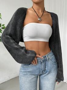SHEIN EZwear 女士纯色简约日常长袖短款开衫，秋冬季长袖上衣 - 灰色 - 查看 1