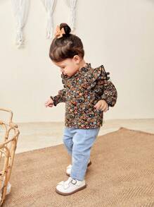SHEIN LMoss Kids LMoss 女婴 女婴 休闲 可爱 花朵 荷叶边 下摆 长袖 上衣 - 彩色 - 查看 4