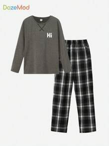 SHEIN Leap Crew Boys Letter Graphic Tee & Plaid Trousers PJ Set