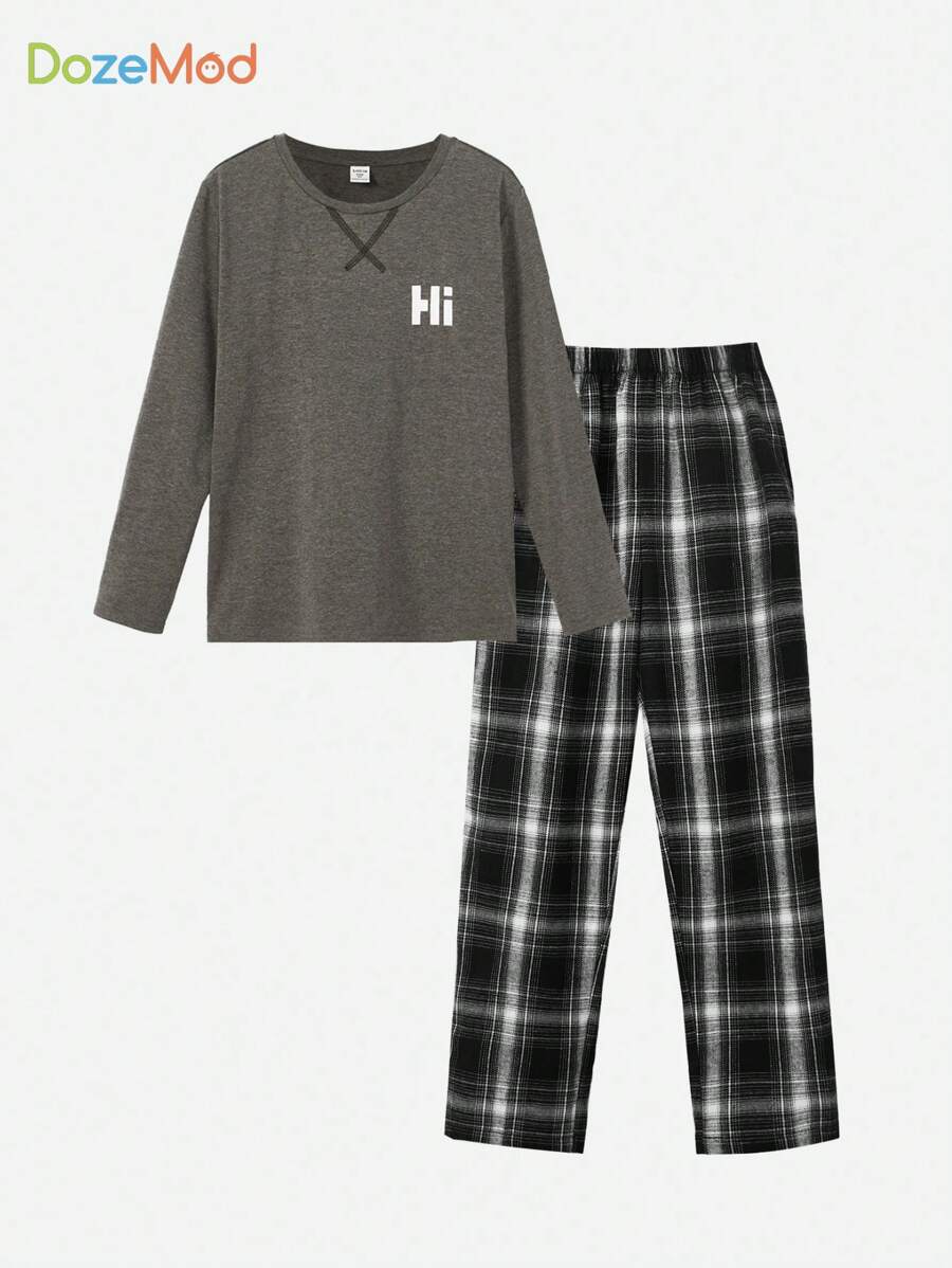 SHEIN Leap Crew Boys Letter Graphic Tee & Plaid Trousers PJ Set