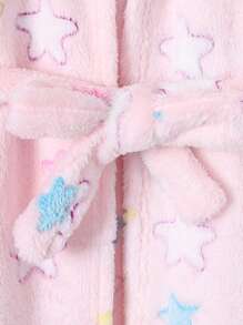 SHEIN Leap Crew Young Girl Star Print Hooded Belted Fuzzy Robe - Multicolor - View 3