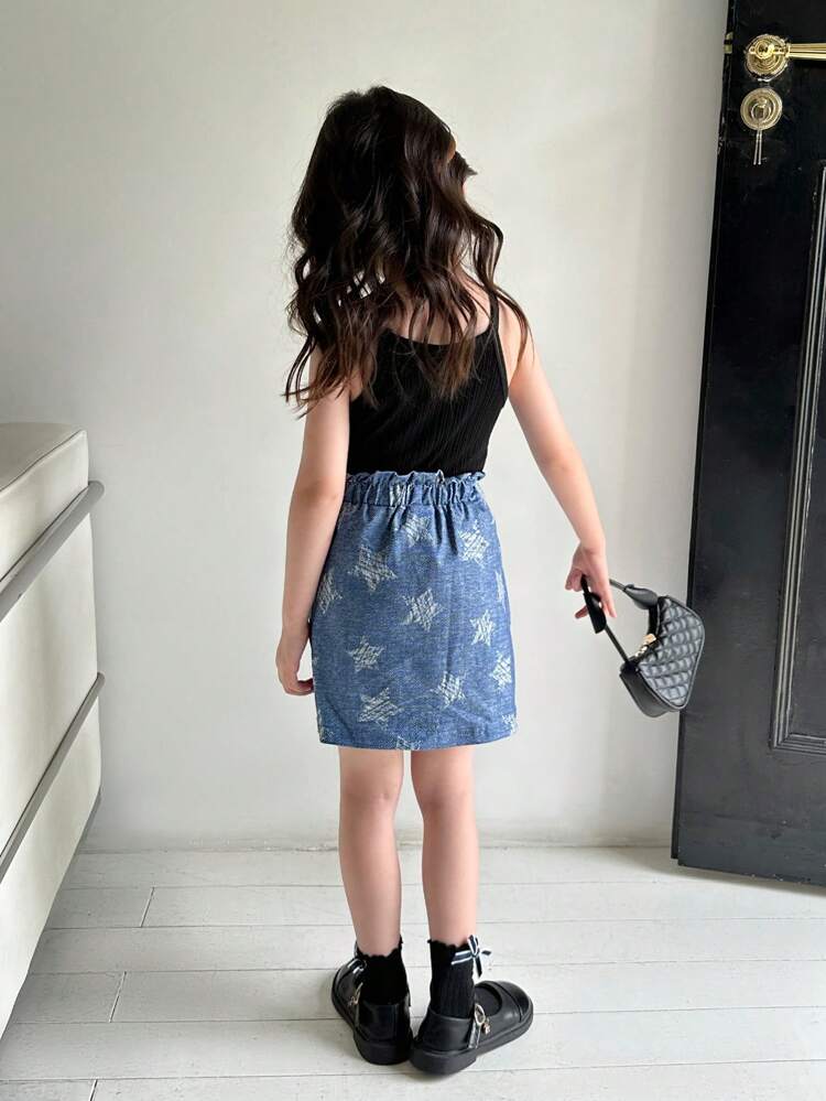 Little Girls' Solid Color Casual Tank Top & Star Printed Skirt Set, Summer