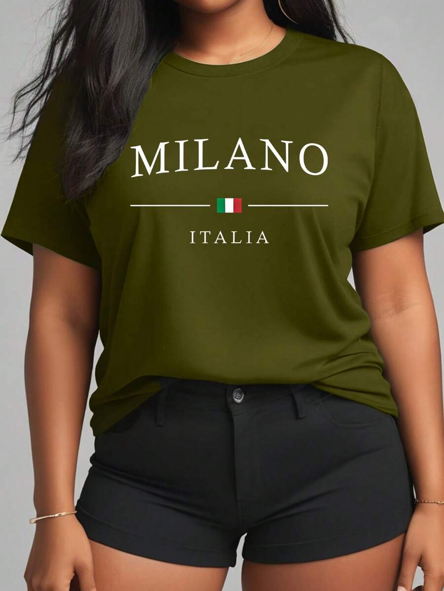 Flirla Camiseta de manga corta estampada con letras para mujer de talla grande, tops gráficos, para verano - Verde Oliva - Ver 1