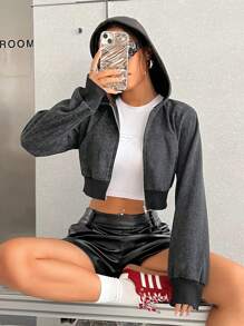 SHEIN EZwear 黑色針織連帽衛衣 - 黑色 - 查看 3