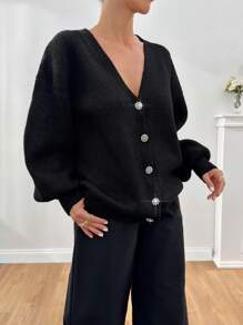 EURMUSE Women Rhinestone Flower Button Detailed Soft Touch Elegant Chick Black Sweater Cardigan - Black and White - View 3