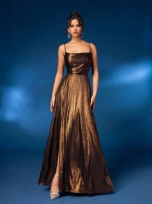 Glamrae 优雅奢华垂坠领口露背毕业派对礼服，后系带和高开衩礼服（厚重款式）正式晚宴婚礼宾客礼服，适合晚宴 - 咖啡棕 - 查看 6