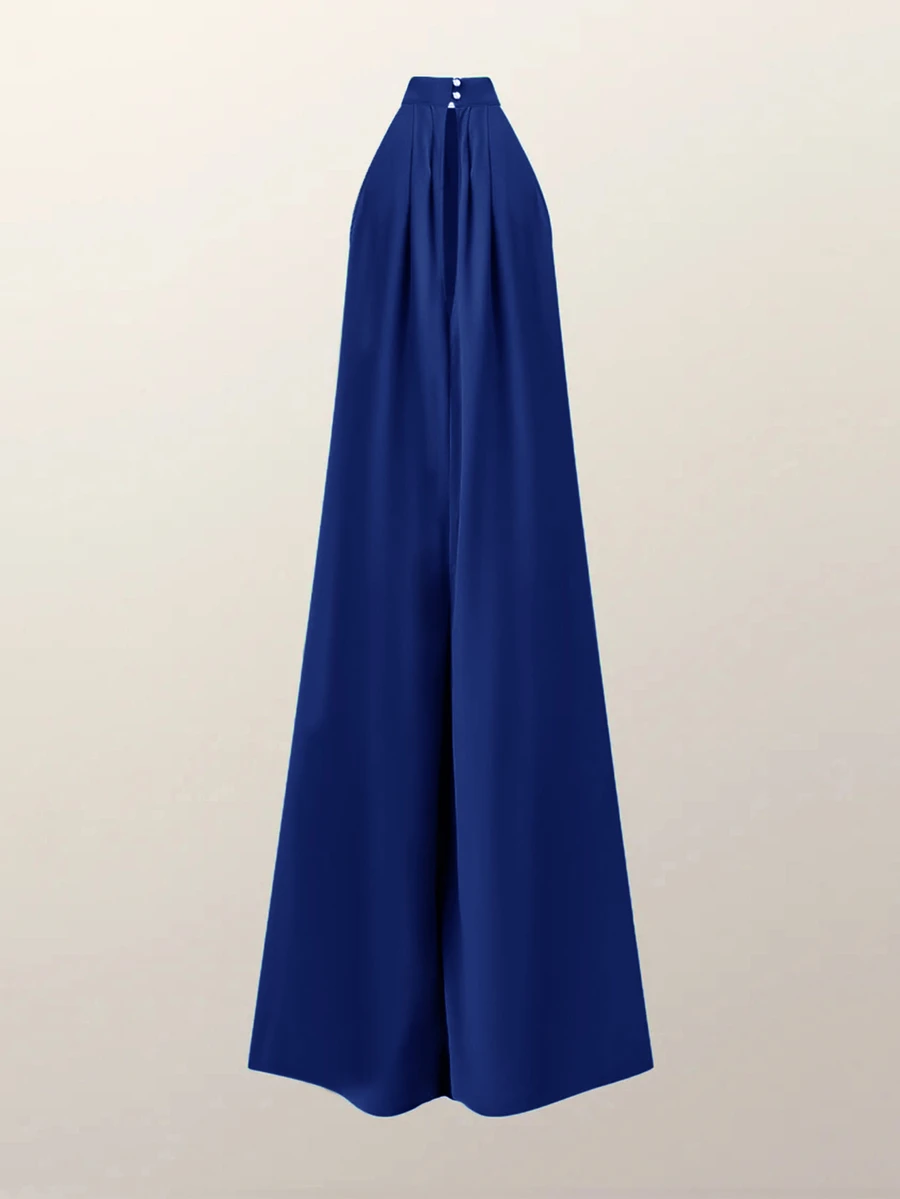 Women's Solid Color Sleeveless Halter Neck Casual Summer Wide-Leg Jumpsuit With Pockets - Royal Blue - View 1