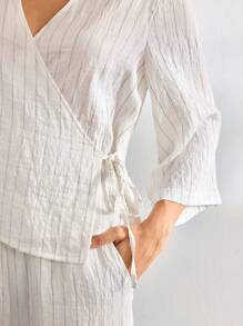 Ocili Leisure Comfortable Linen Side-Tie 7/10 Sleeve Striped 2pcs Homewear Set