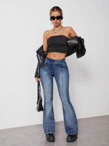 SHEIN EZwear Damskie jeansy ze skośnymi kieszeniami i rozszerzanymi nogawkami - Niebieski - Zobacz 5