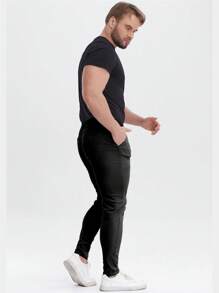 ALLELMS 男士修身抗皱弹力棉斜纹西裤 - 黑色 - 查看 5