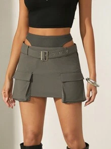 SHEIN Unity Falda cargo de cintura baja con cinturón para verano - Gris - Ver 7