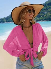 Swim Vcay Tie Front Drop Shoulder Kimono For Summer Beach - Hot Pink - View 3