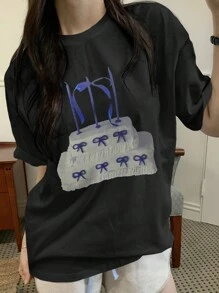 DAZY 女士鬆身短袖T恤，印花圖案，款式多變 - 黑色 - 查看 1