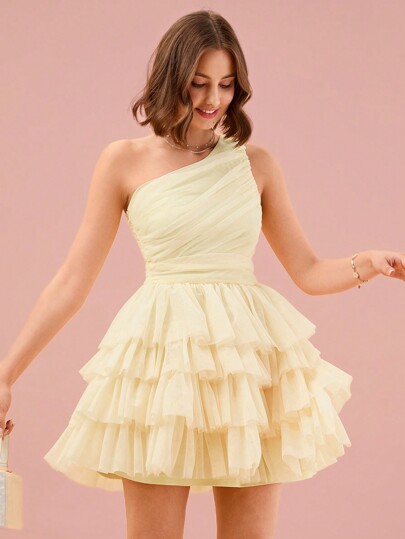 Enchnt Vestido de malla asimétrico para mujeres con cuello y capa con volantes de unicolor para el verano