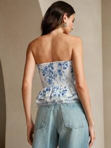 Anewsta 優雅復古藍色花印紗邊女士上衣，腰部飄逸設計 - 藍色 - 查看 2