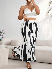 SHEIN Clasi Plus Size Women's Geometric Print Elastic Waist Fish-Tail Long Skirt Fall - Black and White - View 4