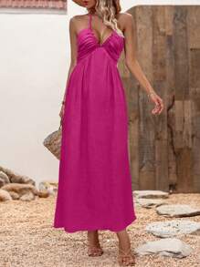 Breezaya Váy dây buộc dây đơn giản màu trơn hàng ngày dành cho nữ - Màu Hồng Tươi - Xem 4