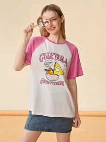 Gudetama X SHEIN 女性夏季卡通蛋與字母印花色塊拉格蘭袖T恤 - 白色 - 查看 6