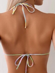 Tie Dye Smocked Halter Triangle Summer Beach Bikini Set - Multicolor - View 7