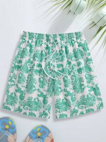 Surfspeed Men's Casual Drawstring Paisley Printed Wide-Leg Beach Shorts - Green - View 1