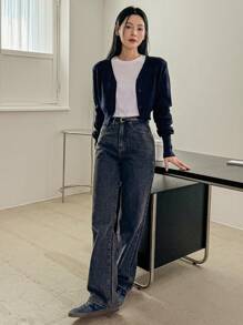 Dazy-Less 纯色纽扣前短款开衫，长袖上衣，老款风格 - 藏蓝色 - 查看 10