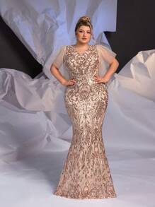 Glamrae Váy dạ hội sang trọng, cao cấp, nặng, sang trọng, kiểu dáng đuôi cá, cỡ lớn, họa tiết hoàng gia màu vàng sâm panh, lưới xếp nếp trong suốt, váy dự tiệc cưới trang trọng, váy tốt nghiệp, váy dự tiệc tối - Vàng - Xem 3