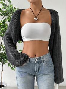 SHEIN EZwear 女士纯色简约日常长袖短款开衫，秋冬季长袖上衣 - 灰色 - 查看 3