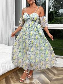 SHEIN Unity Plus Size Women's Open Shoulder Long Sleeve Floral Printed Pleated Dress, Ideal For Vacation - Green - View 6