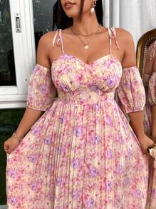 Sunnyshic Plus Size Women's Random Printed Romantic Pleated Long Dress