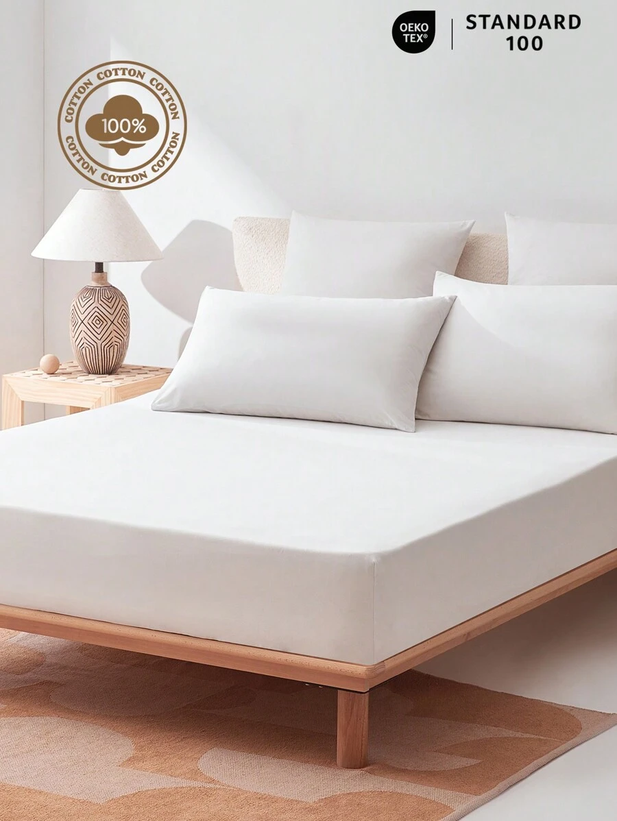 Cirelle [100% Cotton]1pc Soft & Gentle Fitted Sheet, All-Season Comfort And Breathable, Rama Cozy Bedroom, Bedding, High-End Hotel Supplies, Back To School Use, Dorm Essentials - White - View 1