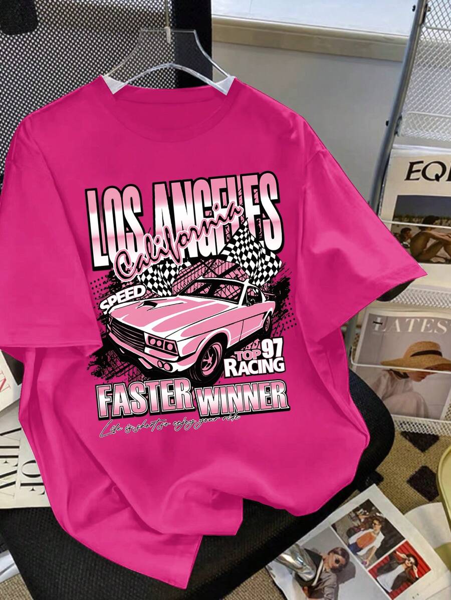 Teen Girl Casual Racing Car Graphic Print Short Sleeve Round Neck T-Shirt, Suitable For Summer Holiday - Hot Pink - View 1