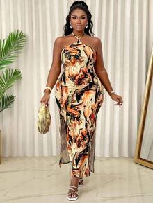 Plus Size Colorful Sexy Double Slit Dress (Random Print) - Apricot - View 6