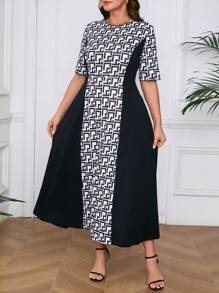 Mulvari 大码女式几何印花圆领短袖拼色阿拉伯长裙