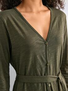 Ocili Leisure Women's Solid Color Long Sleeve Single-Breasted V-Neck Casual Robe For Home - Green - View 4