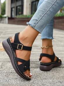 Women's Hollow Ankle Strap Sandals, New Summer Elegant Outdoor Wedge Heels Platform Shoes, Thick Sole Minimalist 3D Floral Sports Style Hook And Loop Sandals - Black - View 5