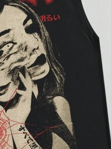 ROMWE MEN Anime Men's Round Neck Portrait Printed Summer Casual Tank Top, School, 2000s Style