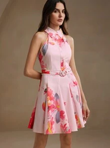 Anewsta Women's Short Pink Flower Printed Dress - Pink - View 6