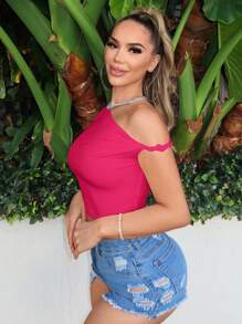 SHEIN SXY Áo ôm sát người co giãn, cổ xoắn bất đối xứng, thắt nút, thích hợp cho mùa hè, đi biển, phong cách cargo, thường ngày, nhẹ nhàng, thướt tha, gợi cảm, phong cách boho, sinh nhật, tiệc độc thân. - Màu Hồng Tươi - Xem 5