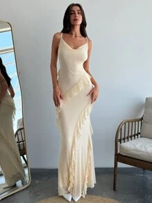 Aloruh Spaghetti Träger Kleid im romantischen Stil mit drapiertem eng anliegendem Ausschnitt und Rüschen Saumdekorationen für Frühling/Sommer