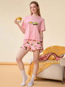 Gudetama X SHEIN Women's Summer Casual Pink Egg And Avocado Print Short Sleeve Top And Ruffle Shorts Pajama Set
Women's Pajama Set